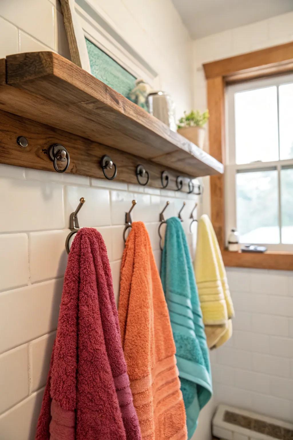 Maximize space with a floating shelf and hooks for a tidy and accessible towel display.