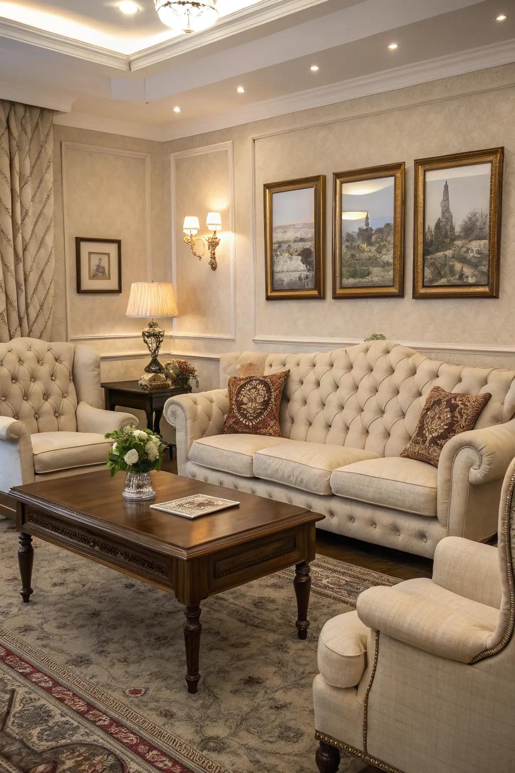 Enduring furniture designs elevate the sophistication of a classic living room.