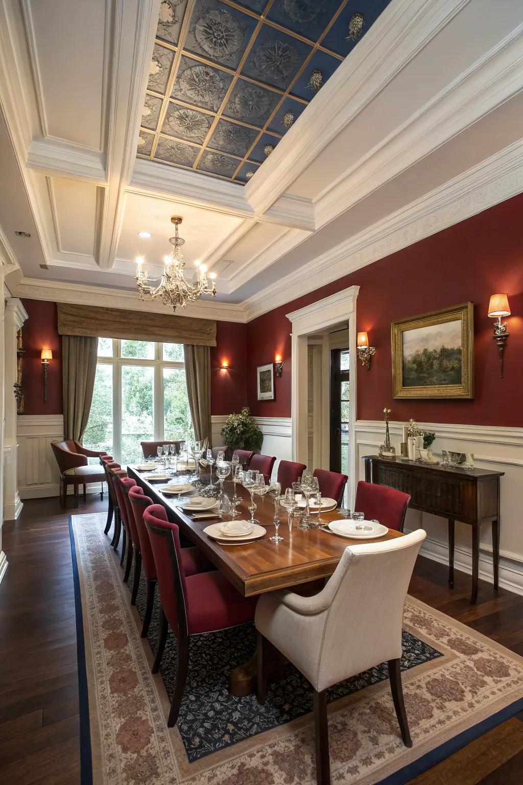 A sophisticated dining room showcases a tray ceiling with tastefully contrasting paint selections.