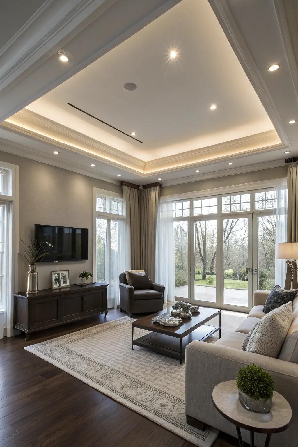 A contemporary living area is enhanced by subtle recessed lighting.