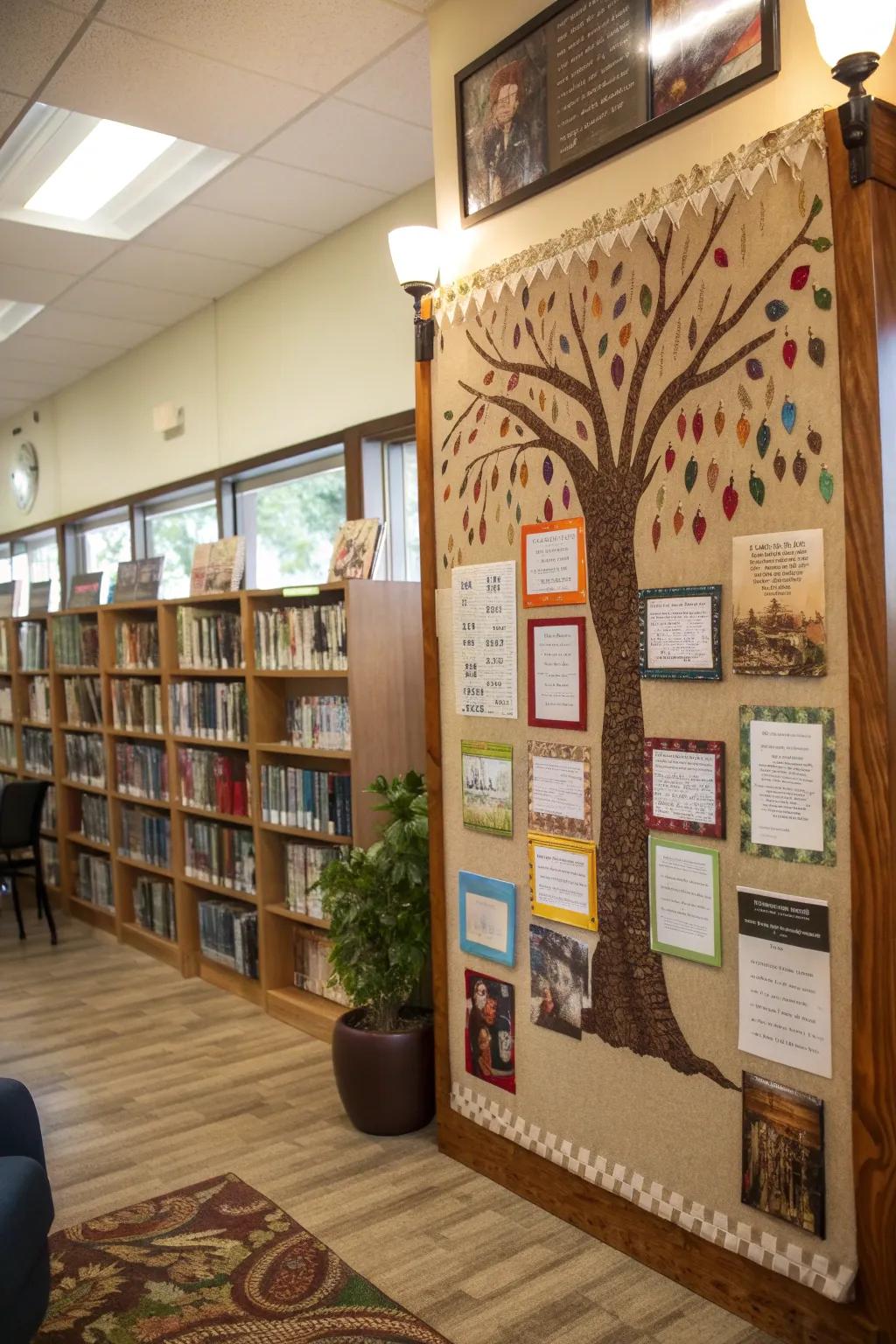 A tree bulletin board integrating educational elements such as books and quotations.