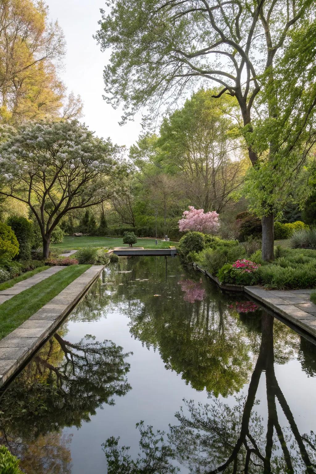 Amplify the intrinsic charm by arranging trees alongside a water element.