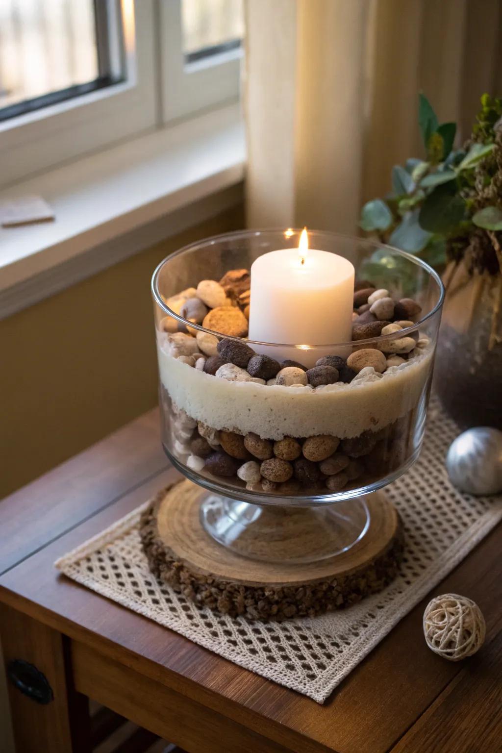 Cultivate a cozy ambiance using a trifle bowl illuminated by candlelight.