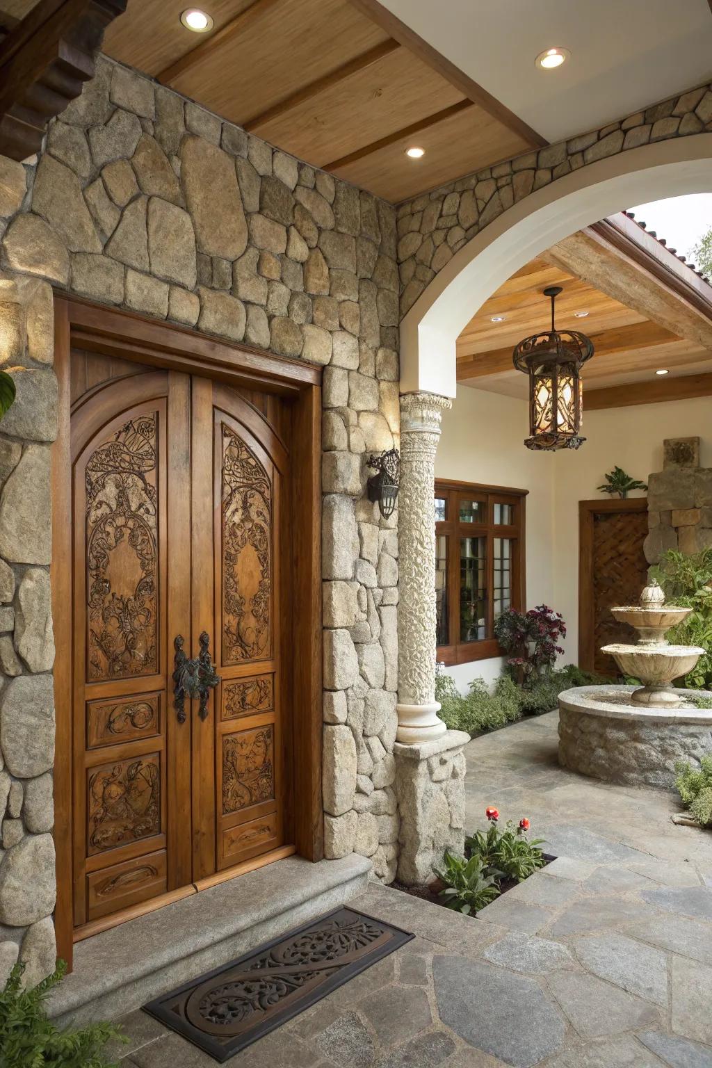 Natural mediums like timber and stone imbue warmth into the entryway.