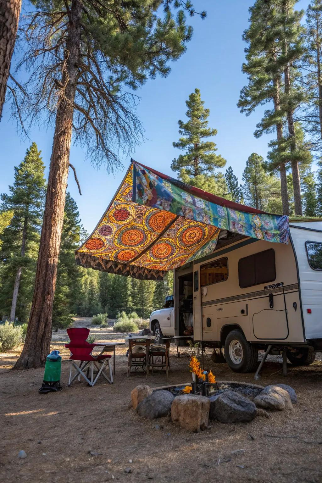 A captivating DIY awning lends a touch of character to a truck camper.