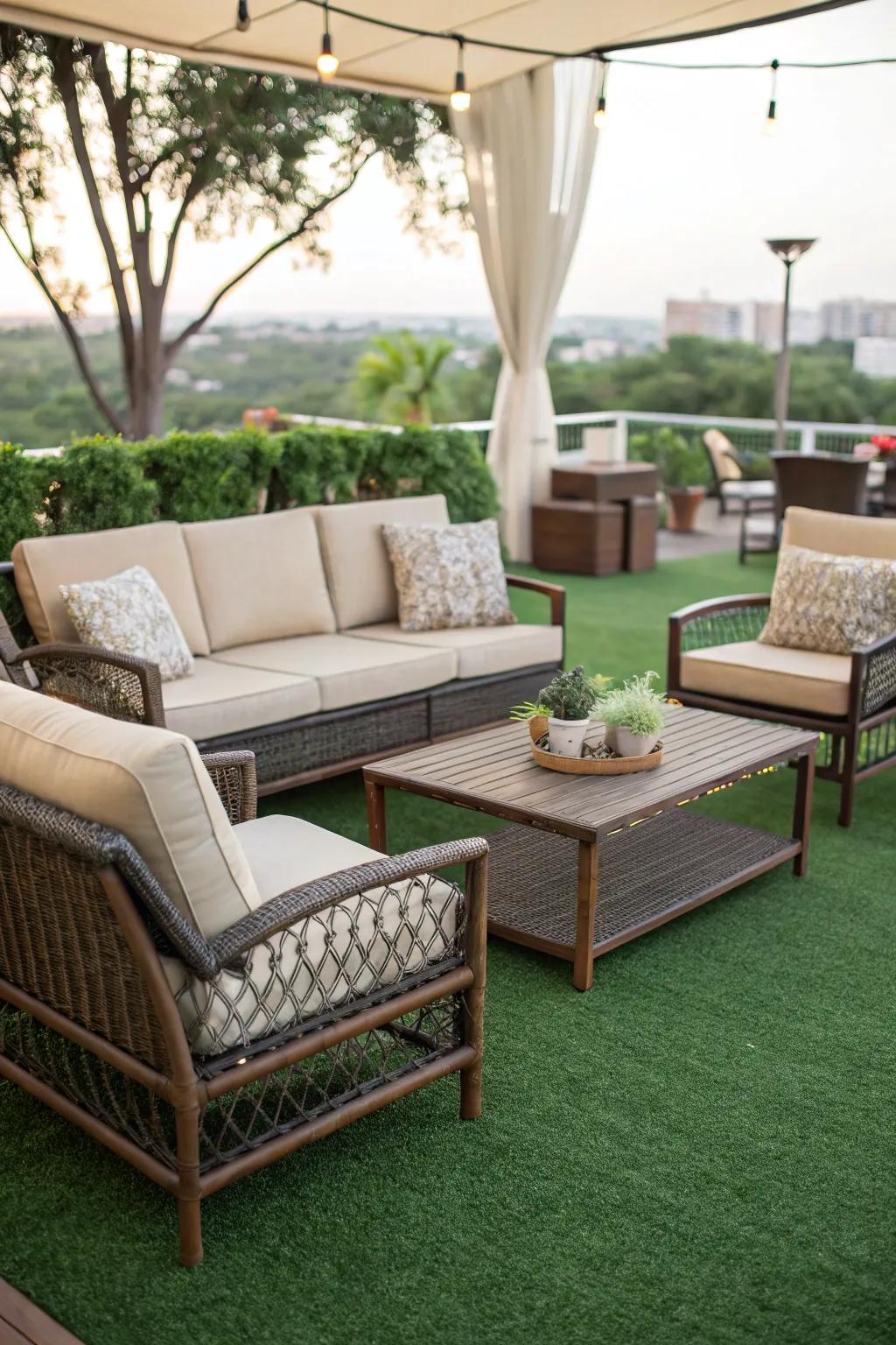 An inviting seating area situated on a synthetic lawn patio.