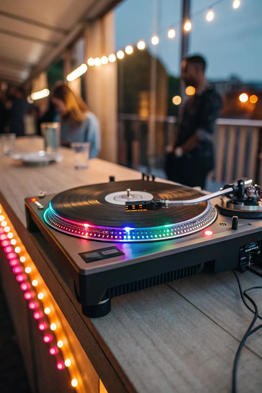 Dynamic LED band lighting enhancing a turntable area.