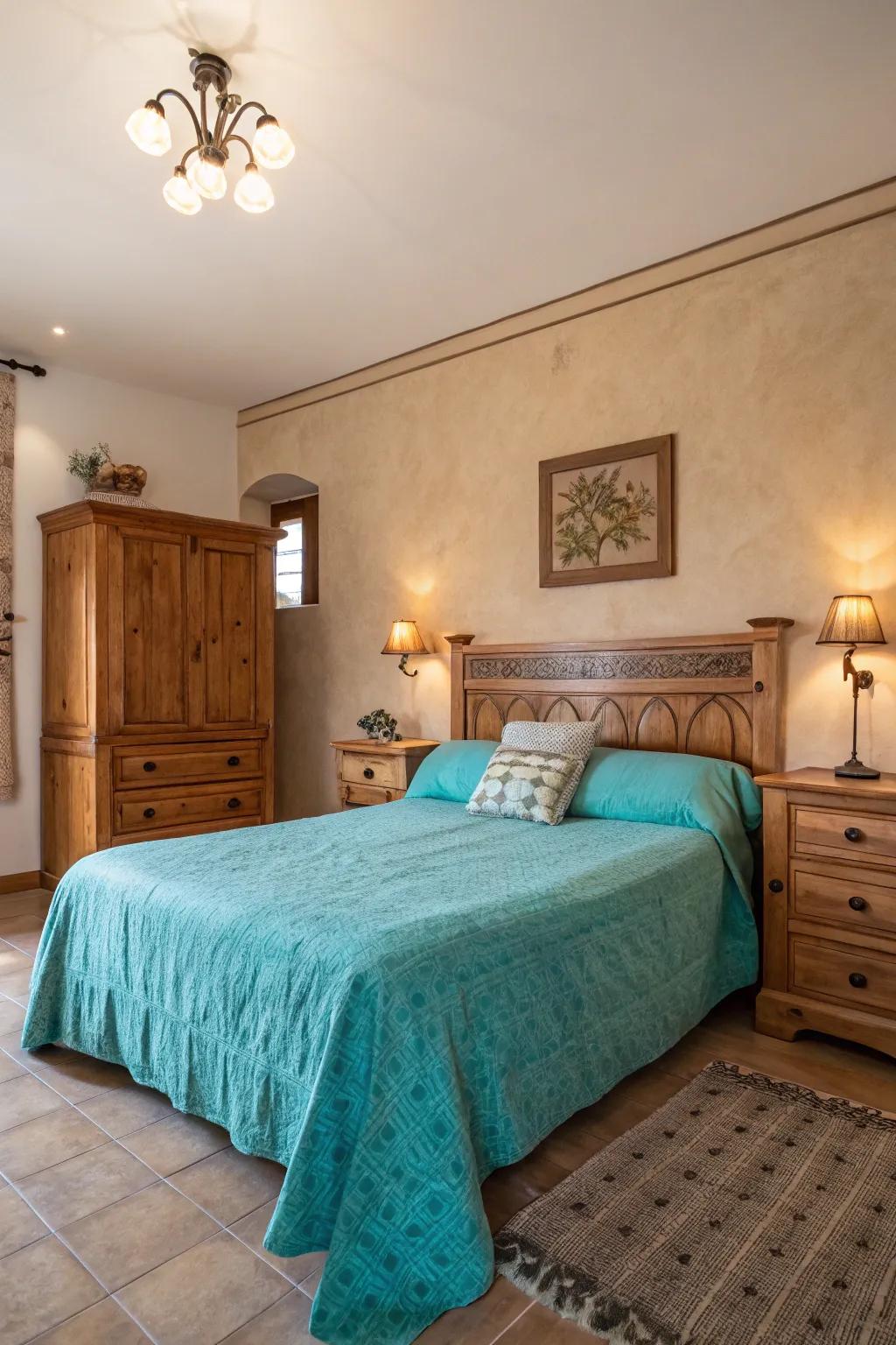 A unified composition of turquoise and neutral shades, creating a polished bedroom setting.