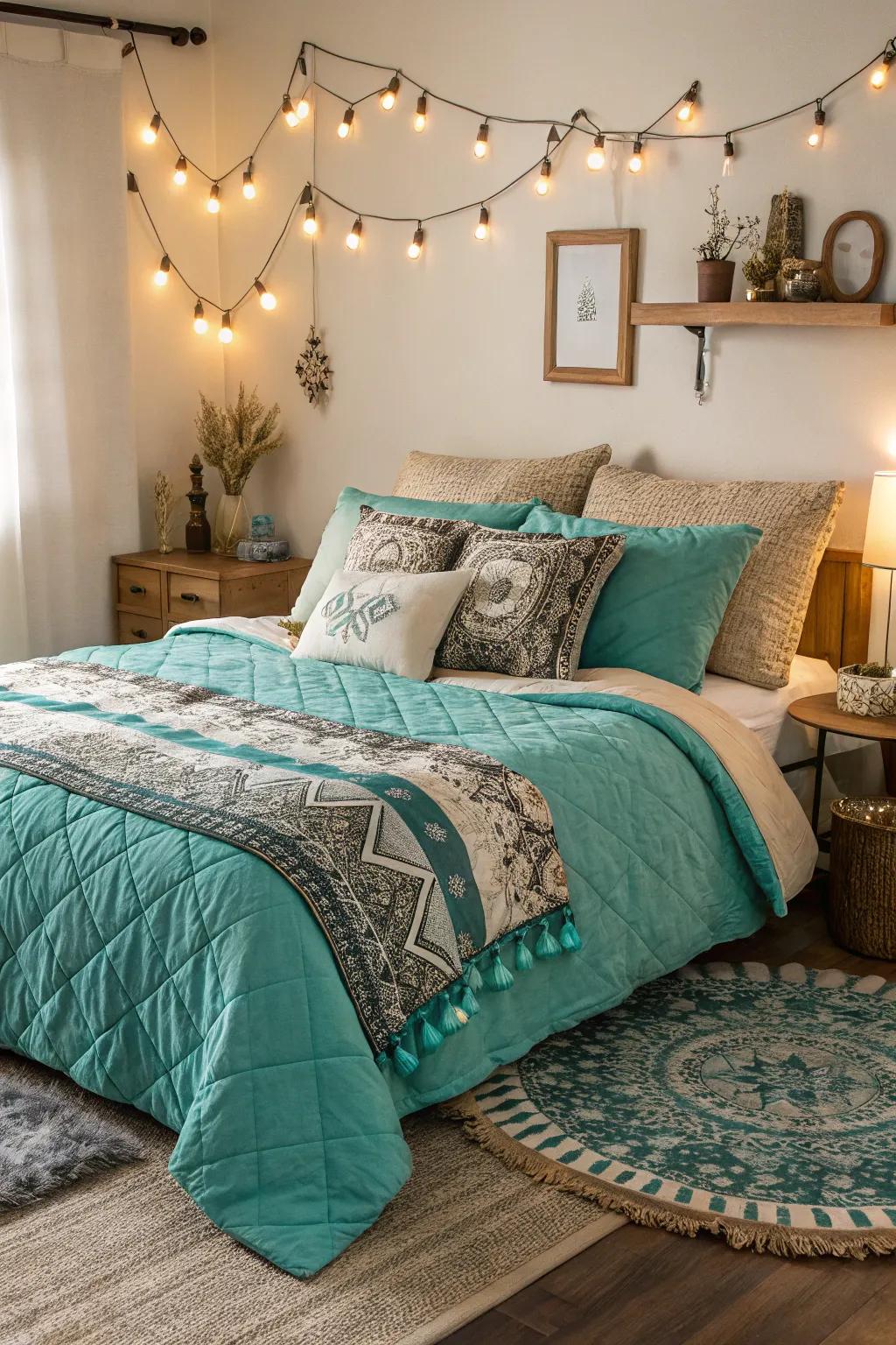Lavish sea-blue bedding enhances elegance.