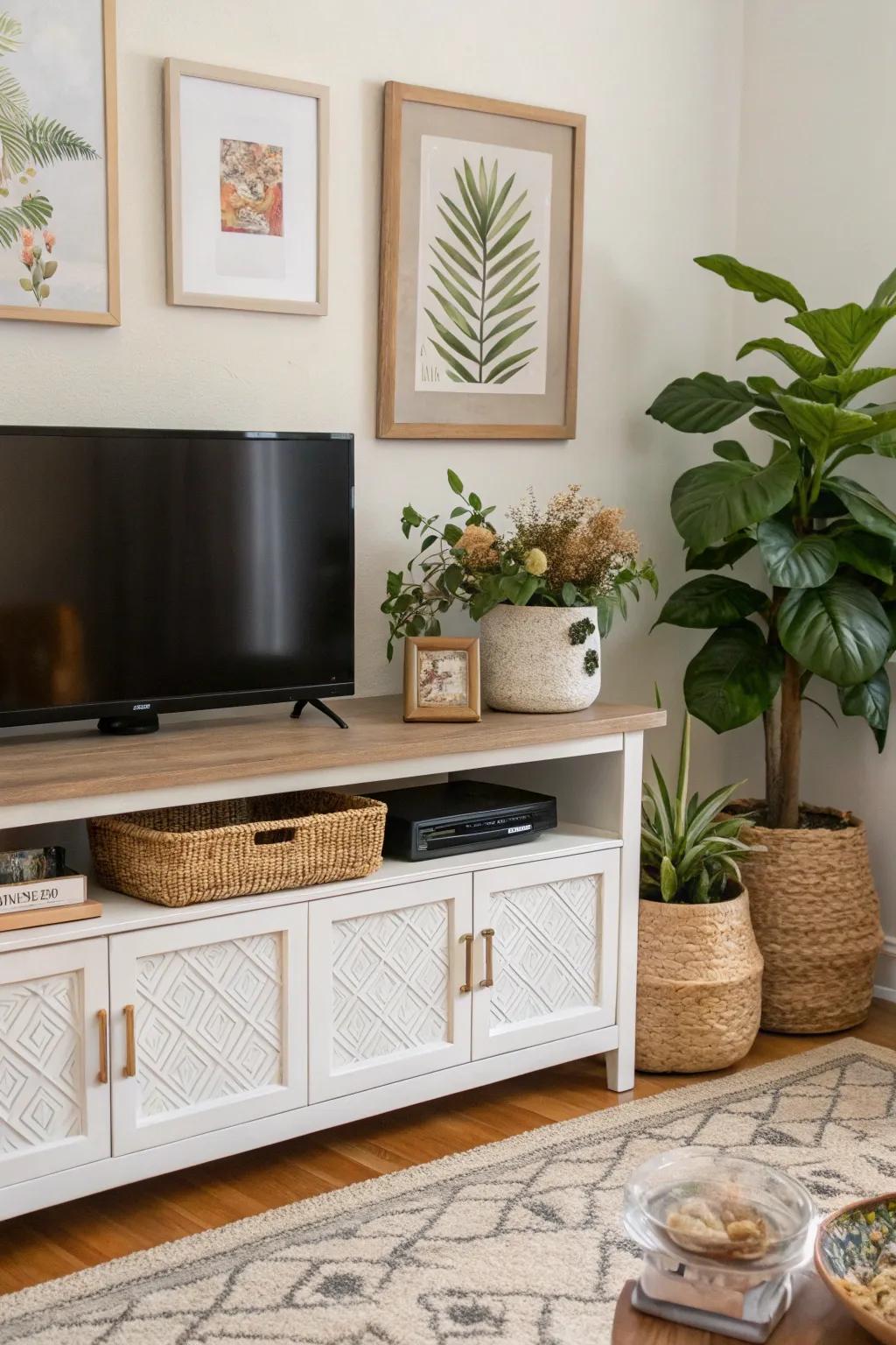 Layered décor displaying plants and art pieces on a media console.