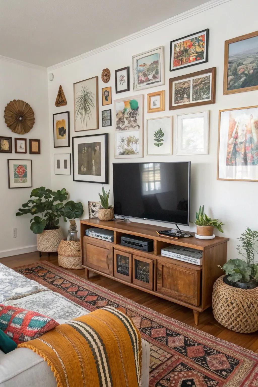Unconventional frames contribute individuality to this TV gallery wall.