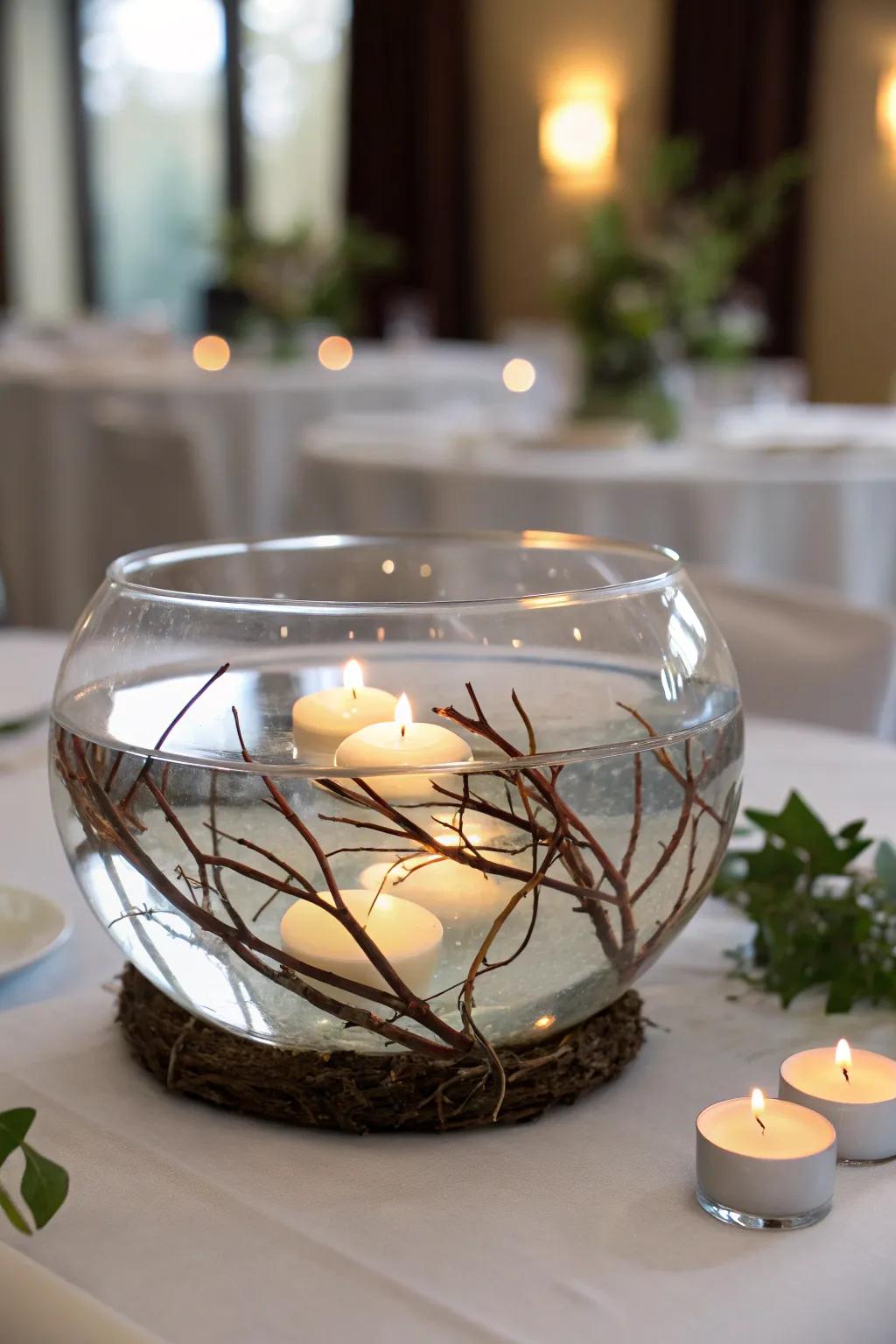 An enchanting drifting branch centerpiece featuring radiant lights.