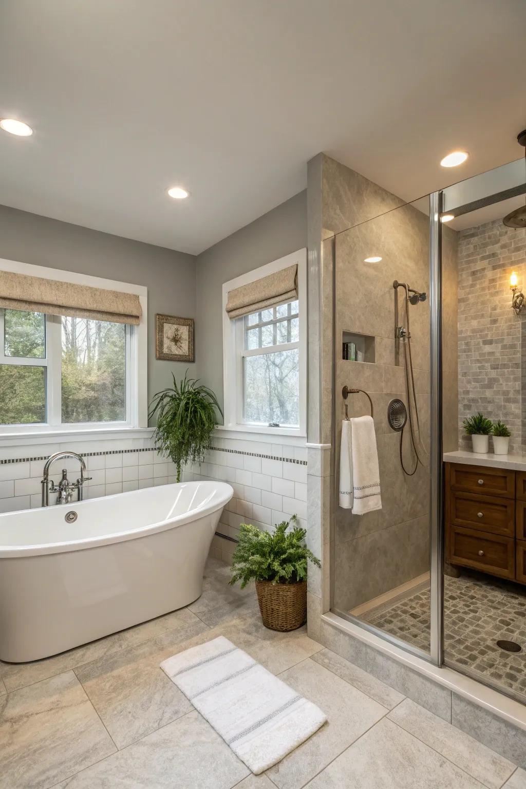 A serene bathroom emphasizing a soft gray and white two-tone wall scheme.