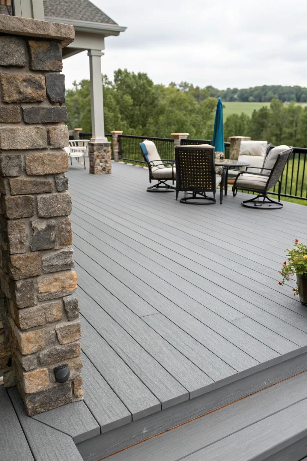Subtle gray and stone evoke a sophisticated and chic outdoor escape.