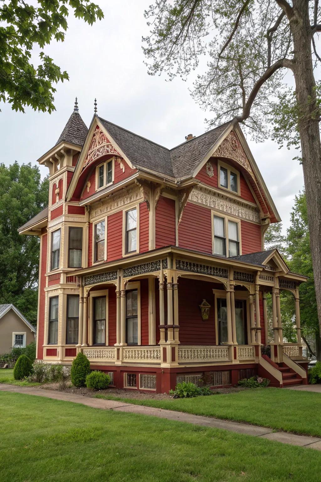 Vibrant crimson and fawn siding enhances the charm of Victorian houses.