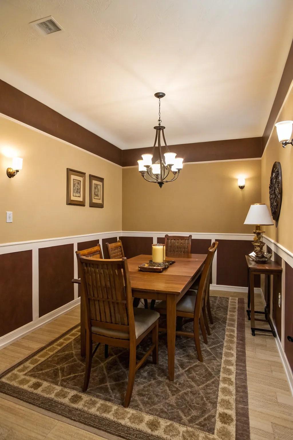 Dining area showcasing walls horizontally divided with cream and cocoa.