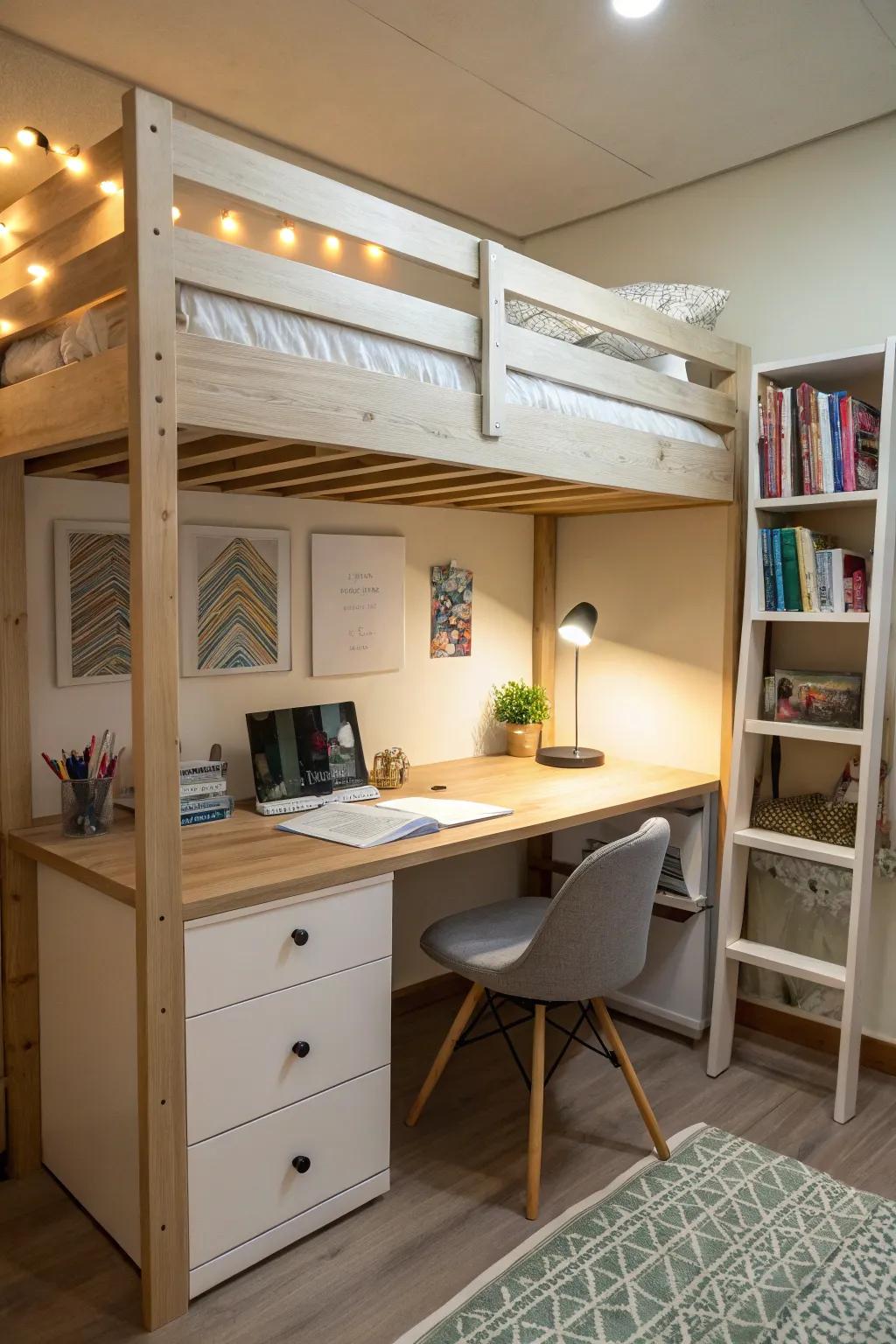 Design a small study zone beneath the bunk bed.