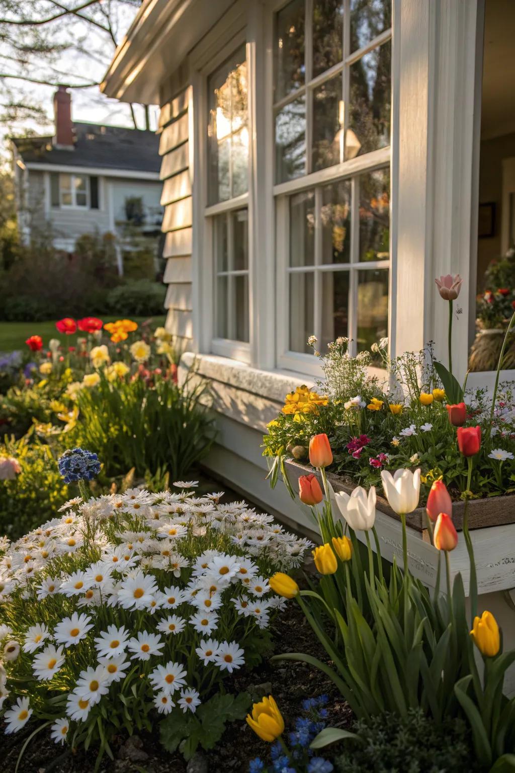Seasonal flower beds infuse vibrancy and color along the window’s border.