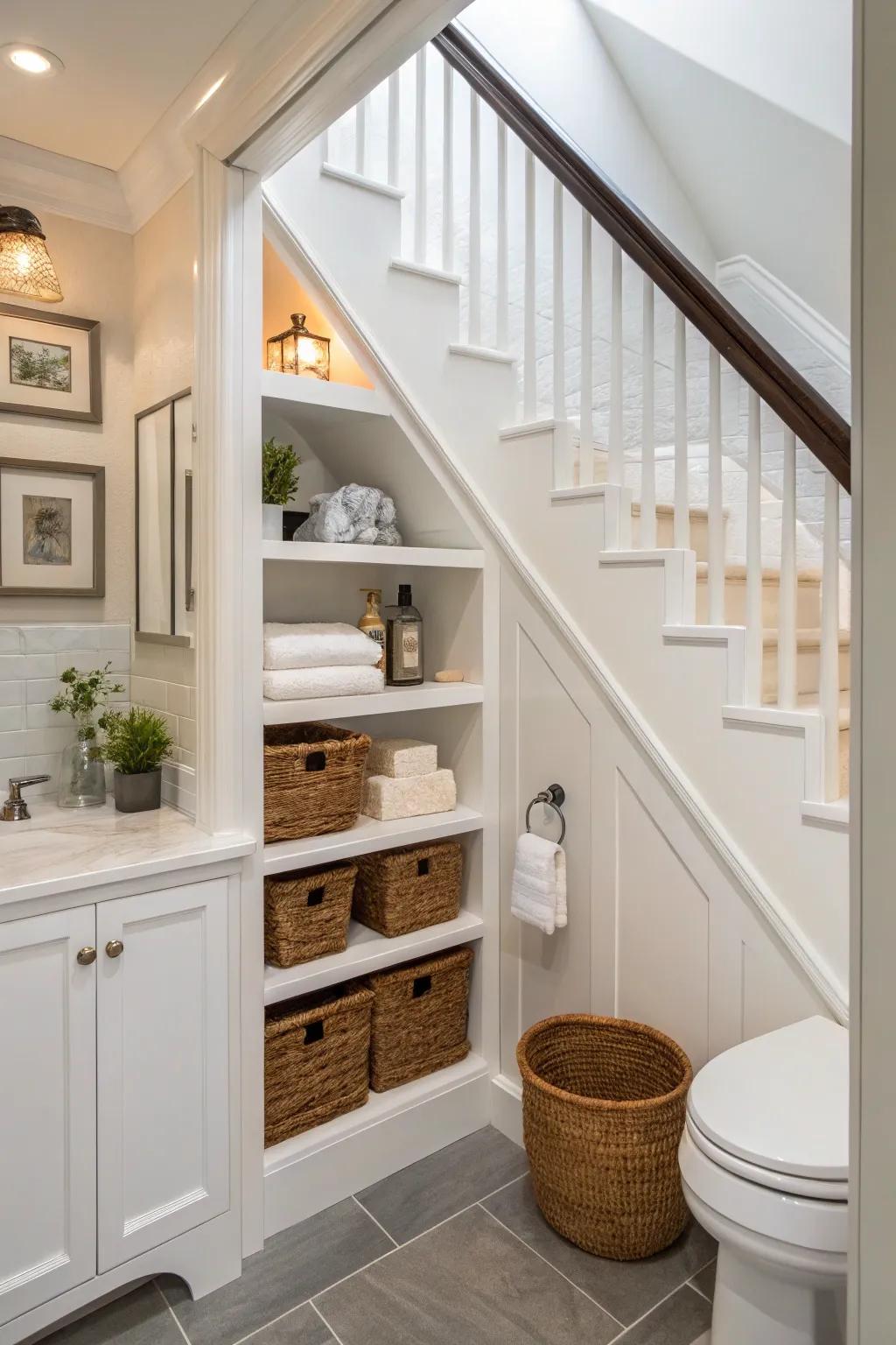 A below-stairs washroom featuring integrated shelving and inset niches for effective storage.