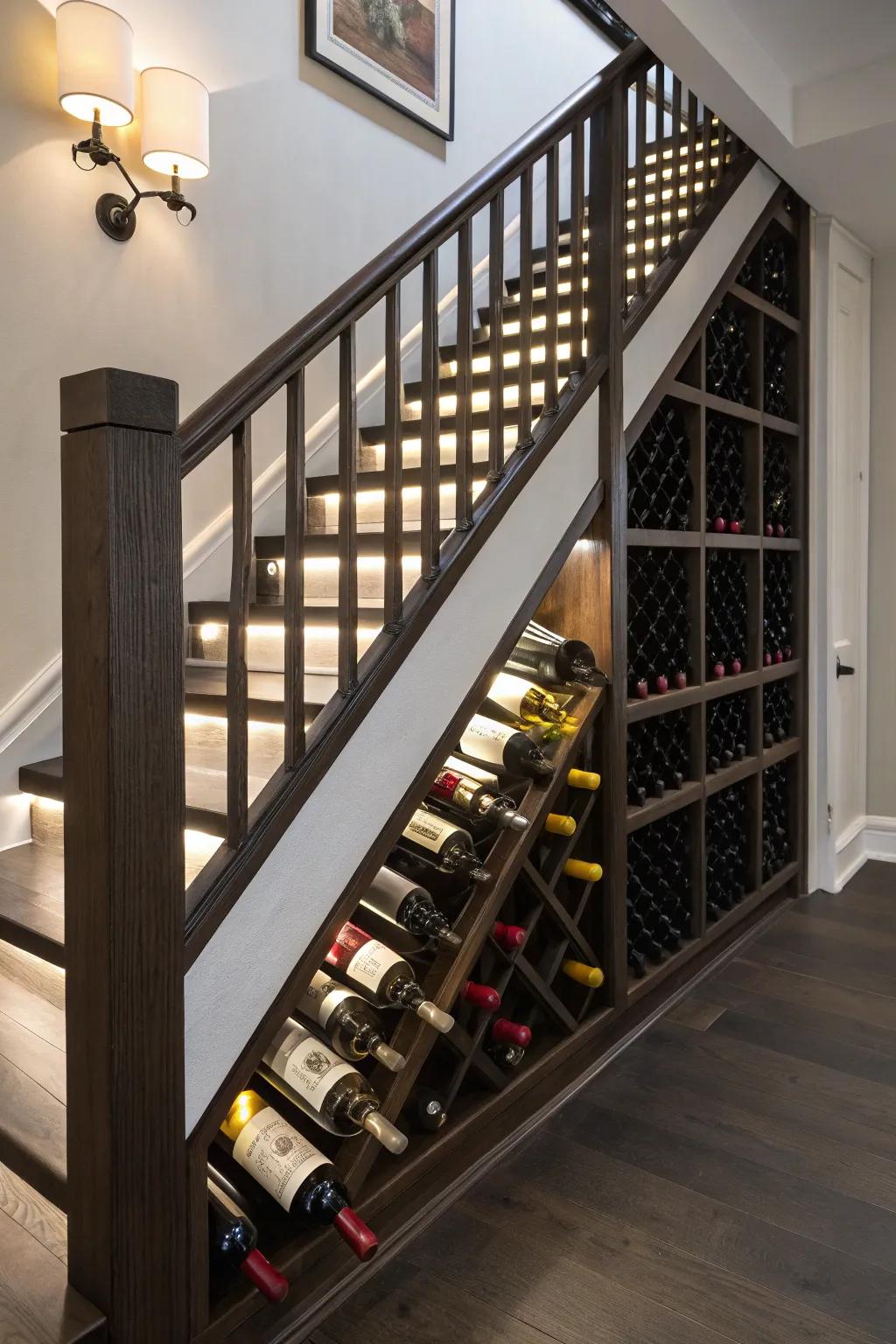 An elegant wine storage solution utilizing the space under the stairs.
