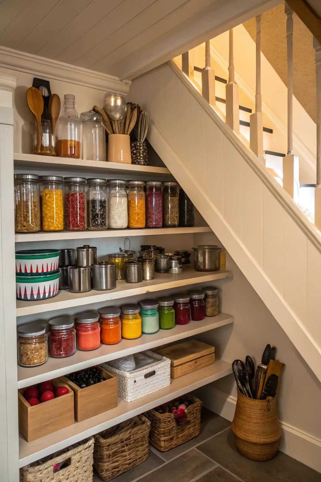 A pantry nestled beneath the staircase ensures that your culinary staples are always accessible.