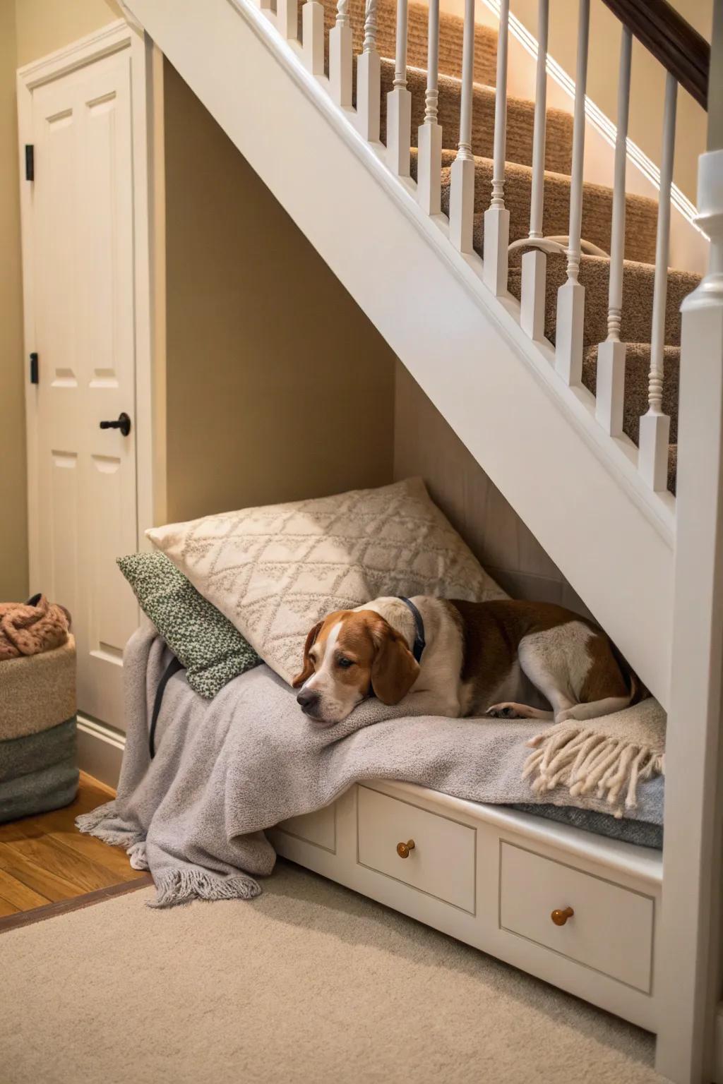 A comforting bed transforms the under-stairway area into a home-like setting for your cherished pet.