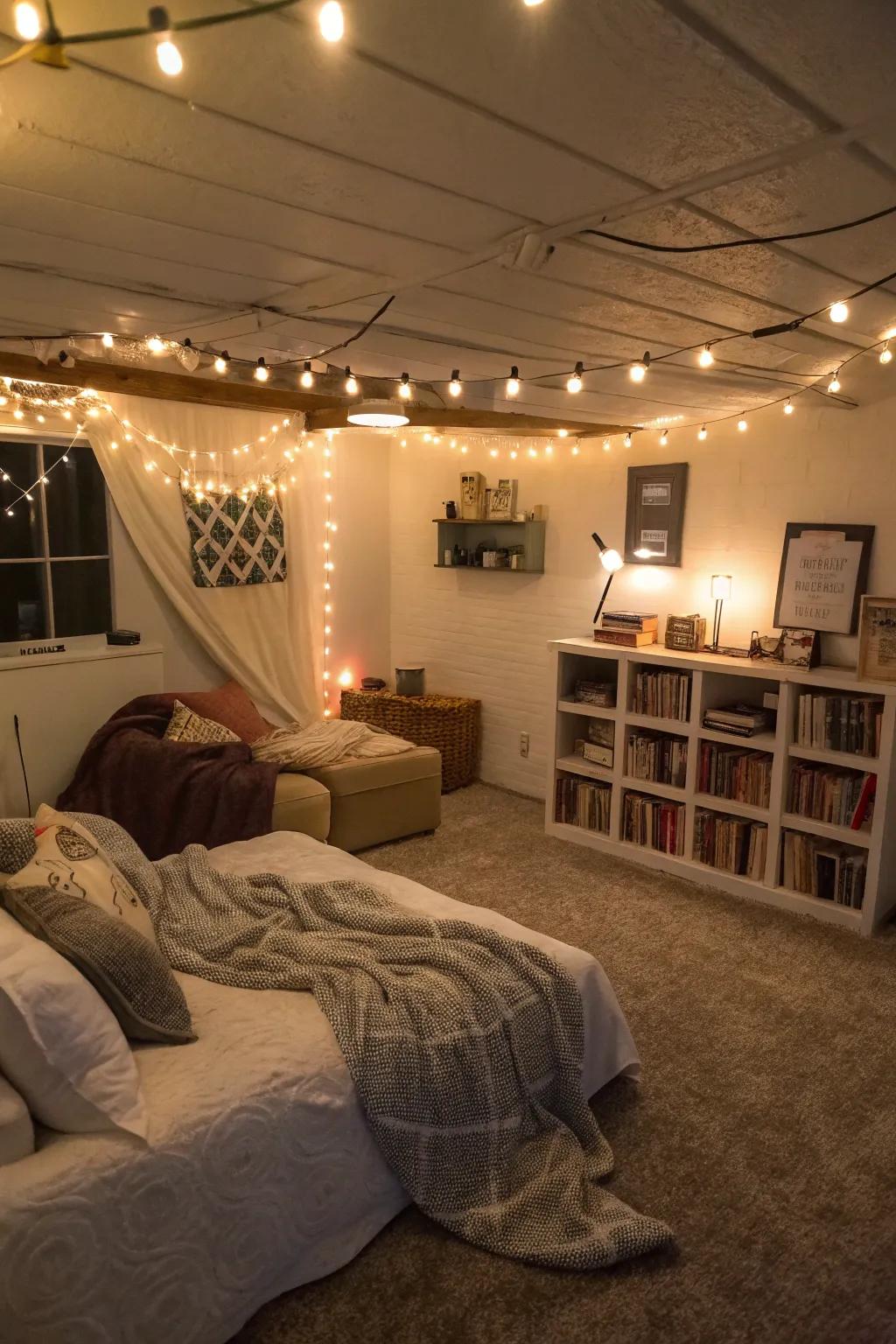 Employ gentle lighting to morph your basement bedroom into a comforting sanctuary.