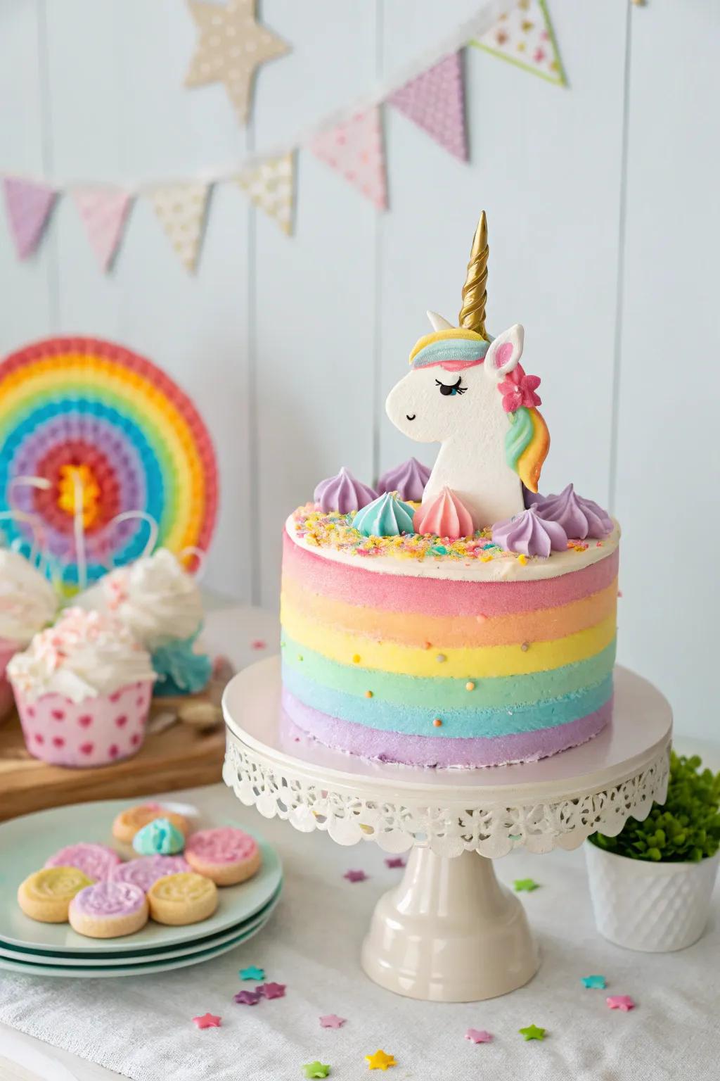 A stunning homemade unicorn cake with rainbow frosting.