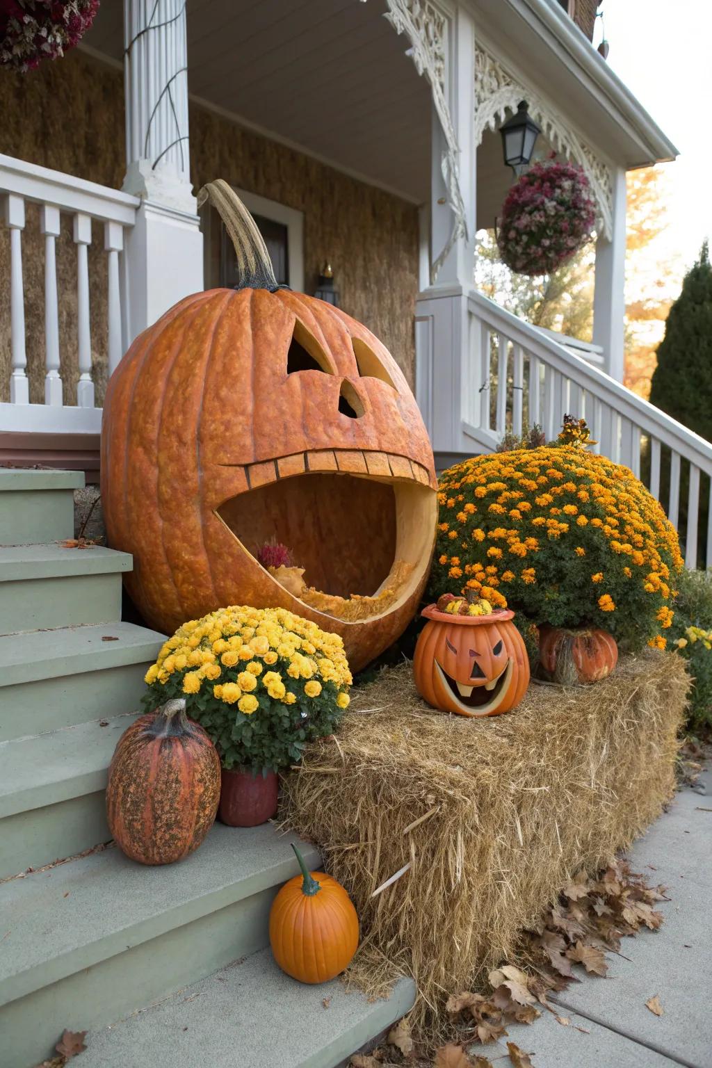 A whimsical display of a pumpkin playfully 'eating' another.