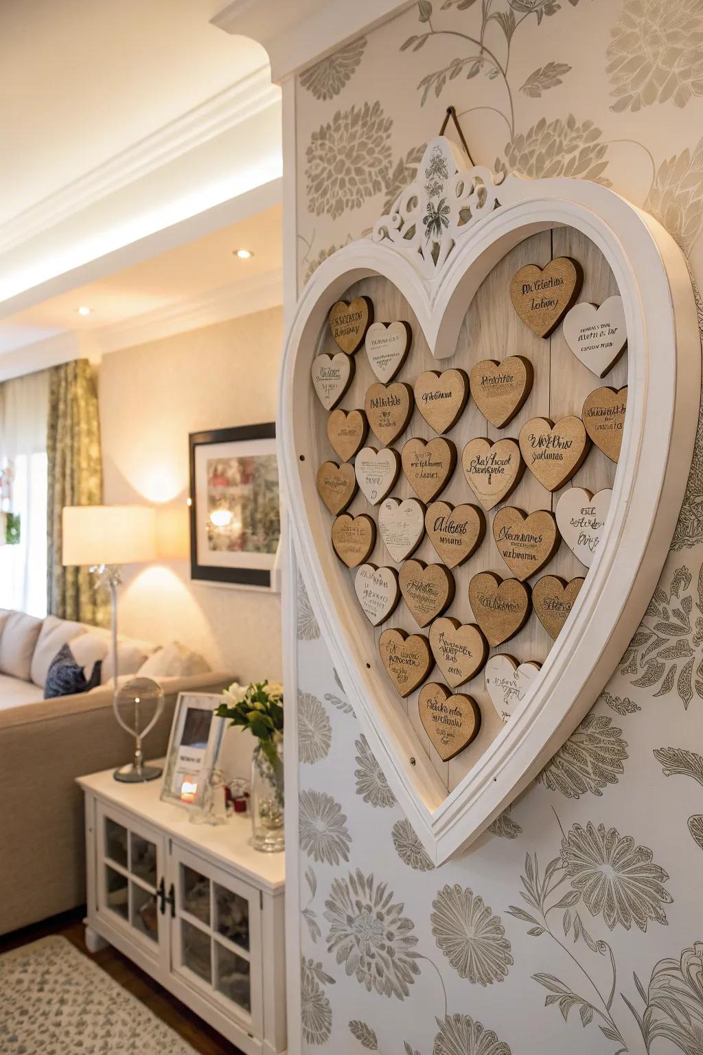 Attendees inscribe timber hearts, forming a stunning wall exhibit.