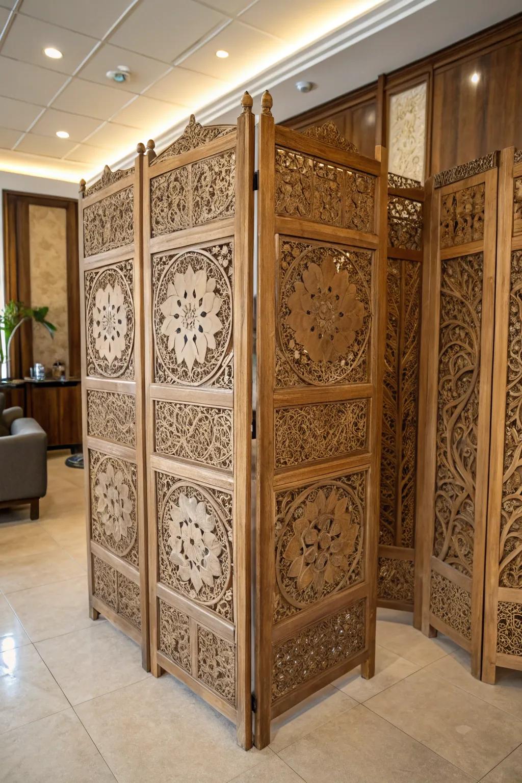 An impressive carved partition that doubles as art and a room divider.