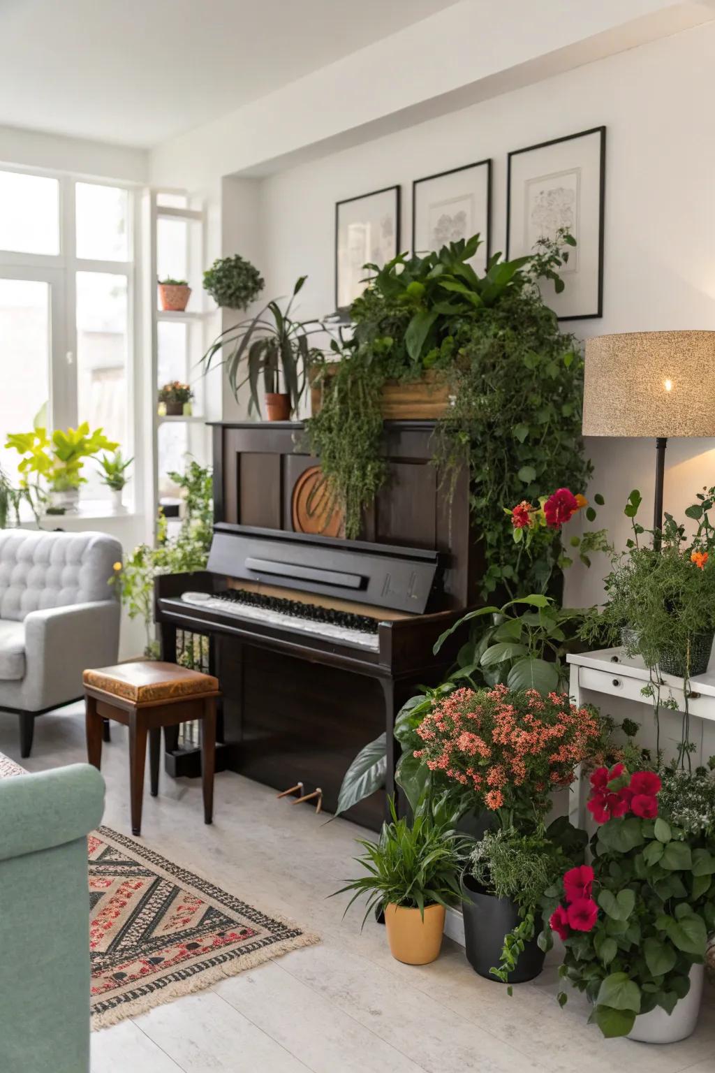 A contemporary living space showcasing an upright piano embraced by an array of potted plants.