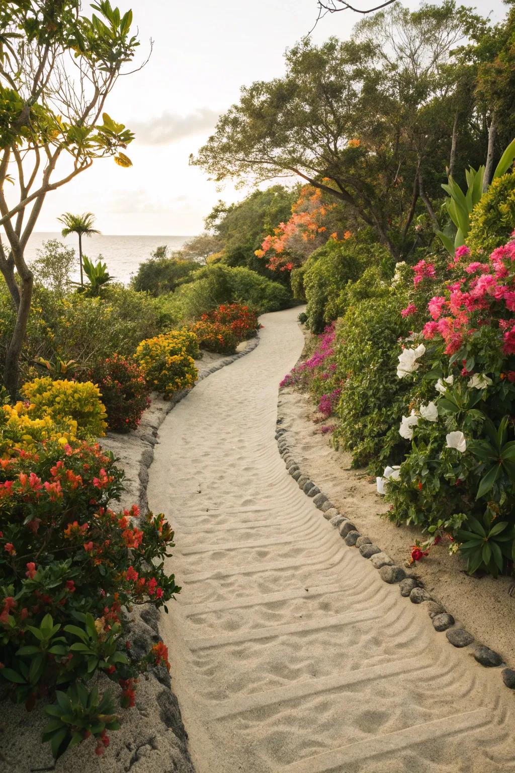Sand paths infuse a rustic charm, ideal for garden ambles.