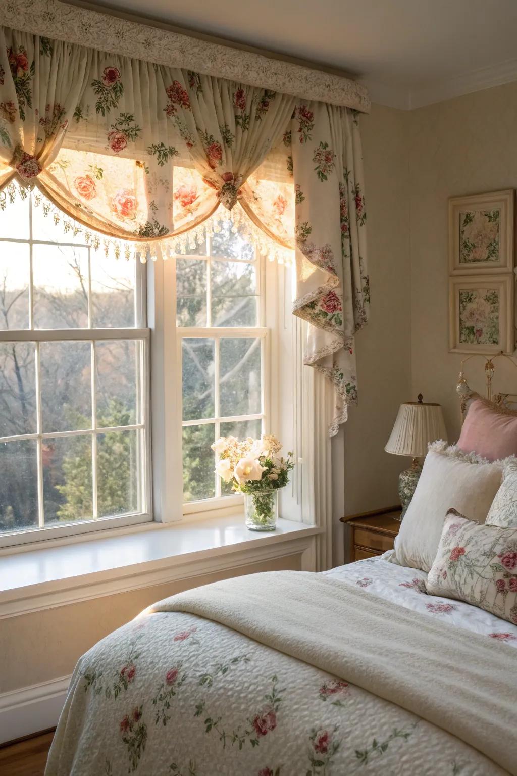 A window adorned with a vintage-inspired floral valance within a snug bedroom.