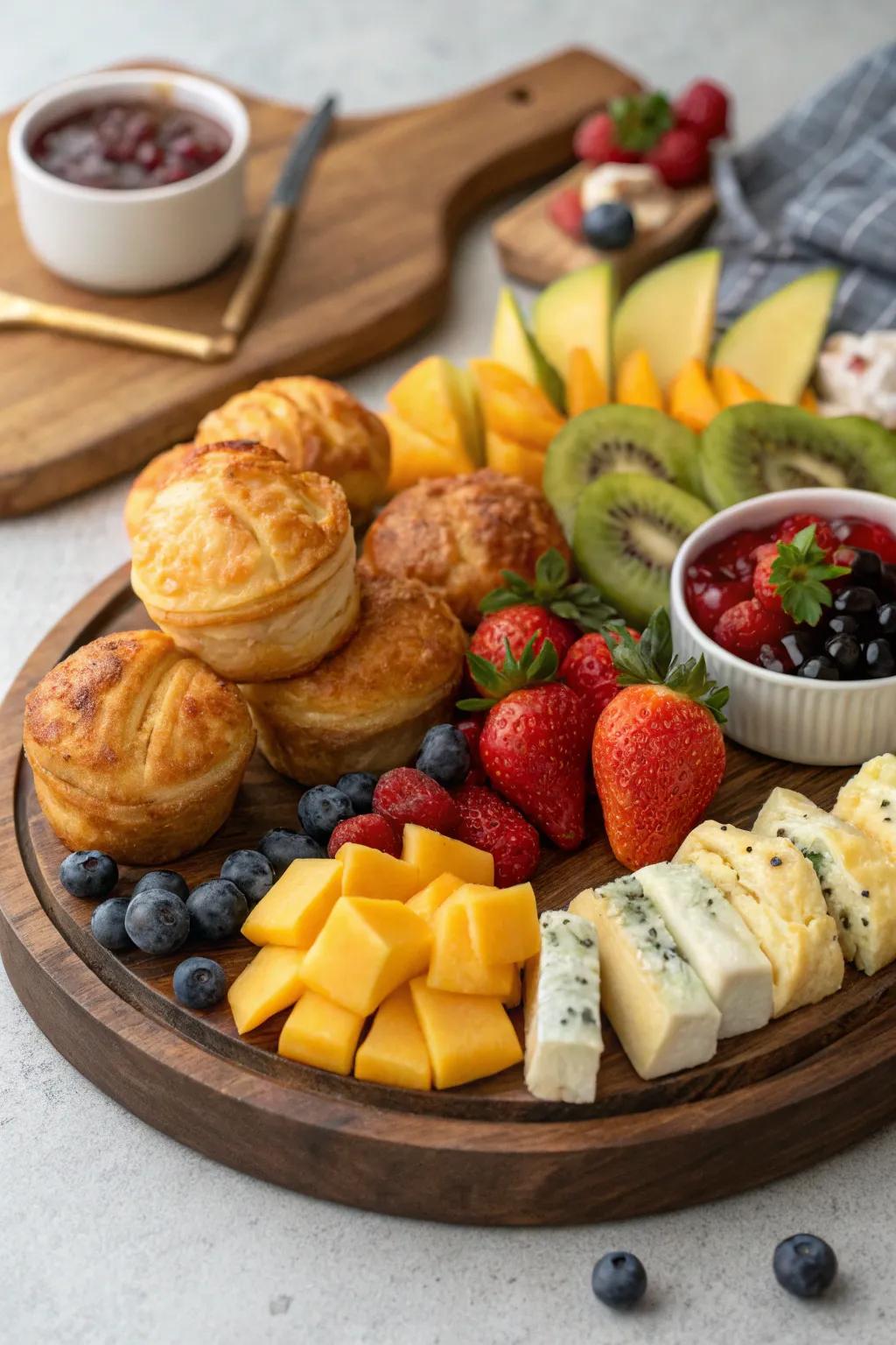 A vibrant breakfast array showcasing an assortment of sweet and savory indulgences.