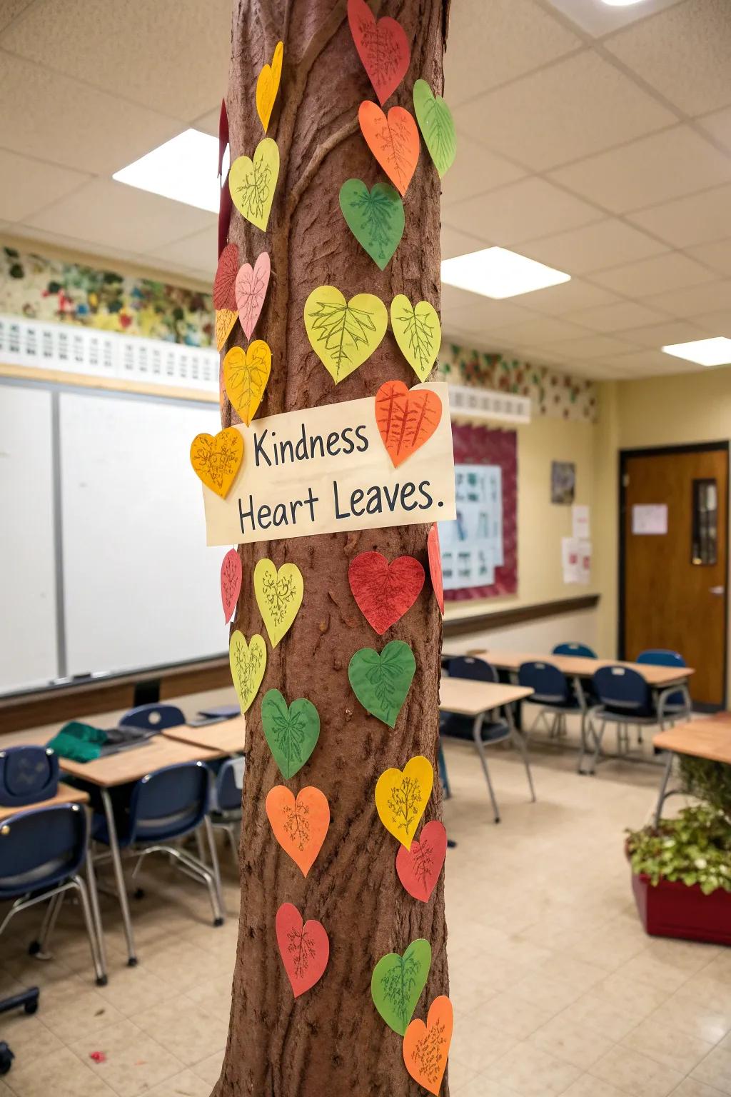 An Arbor of Affection bulletin board showcasing heart-shaped foliage exhibiting acts of goodwill.
