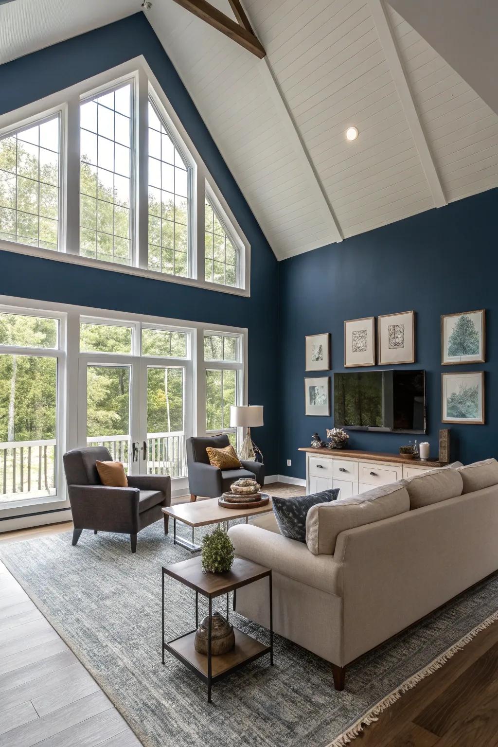 Contemporary living room showcasing a deep blue accent wall and a vaulted ceiling
