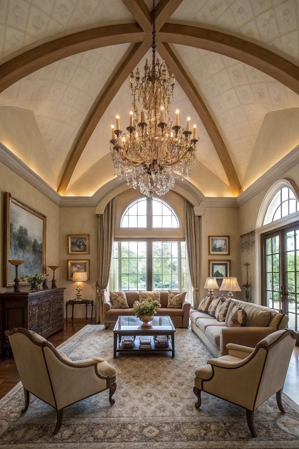 A chandelier serves as an exquisite focal point beneath a vaulted ceiling.