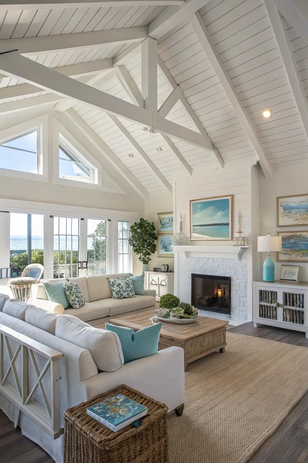 A bright, spacious living zone showcasing lime-washed beams, which amplify the vaulted ceiling’s visual appeal.