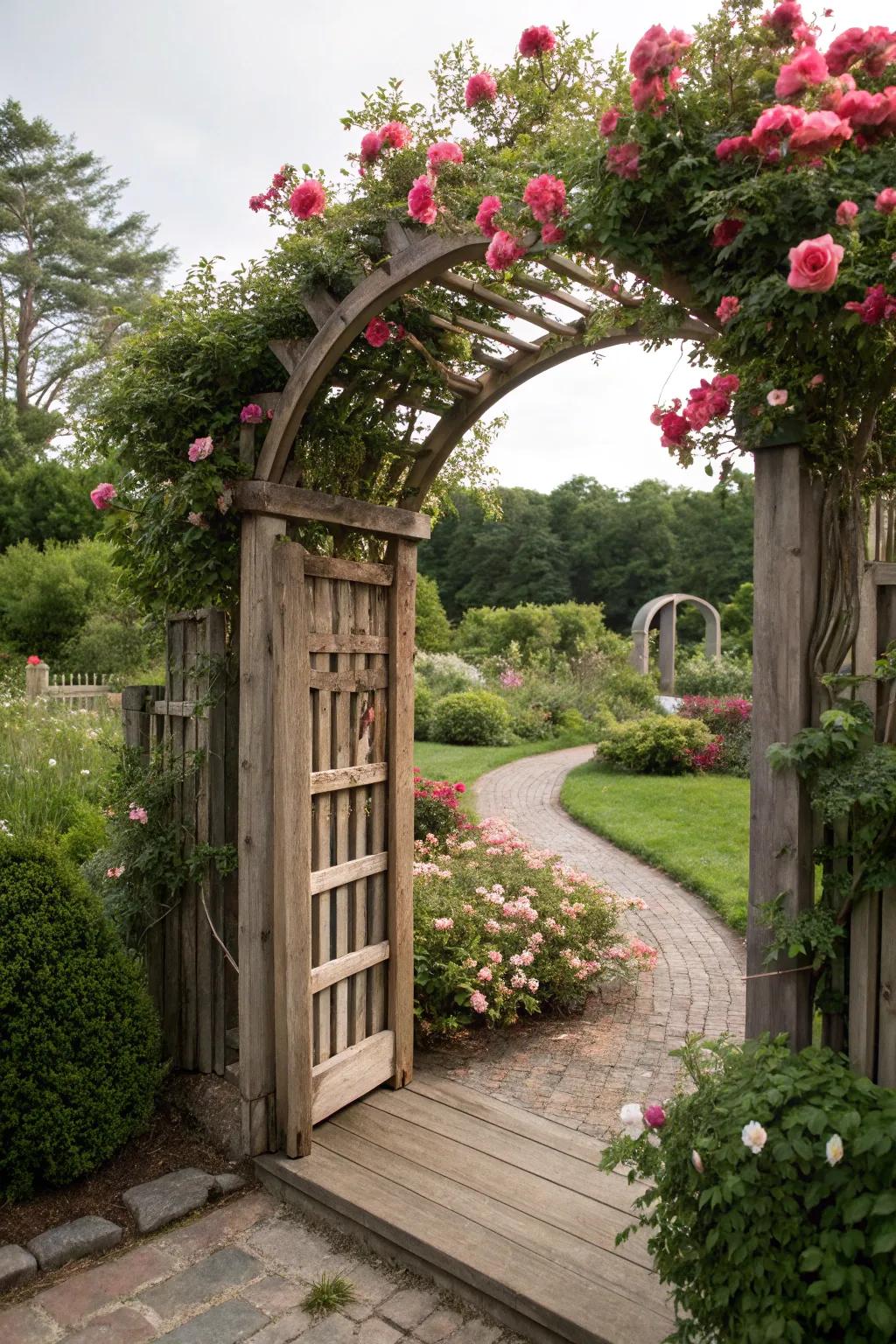 A curved arbor gateway adorned with vibrant blossoms.