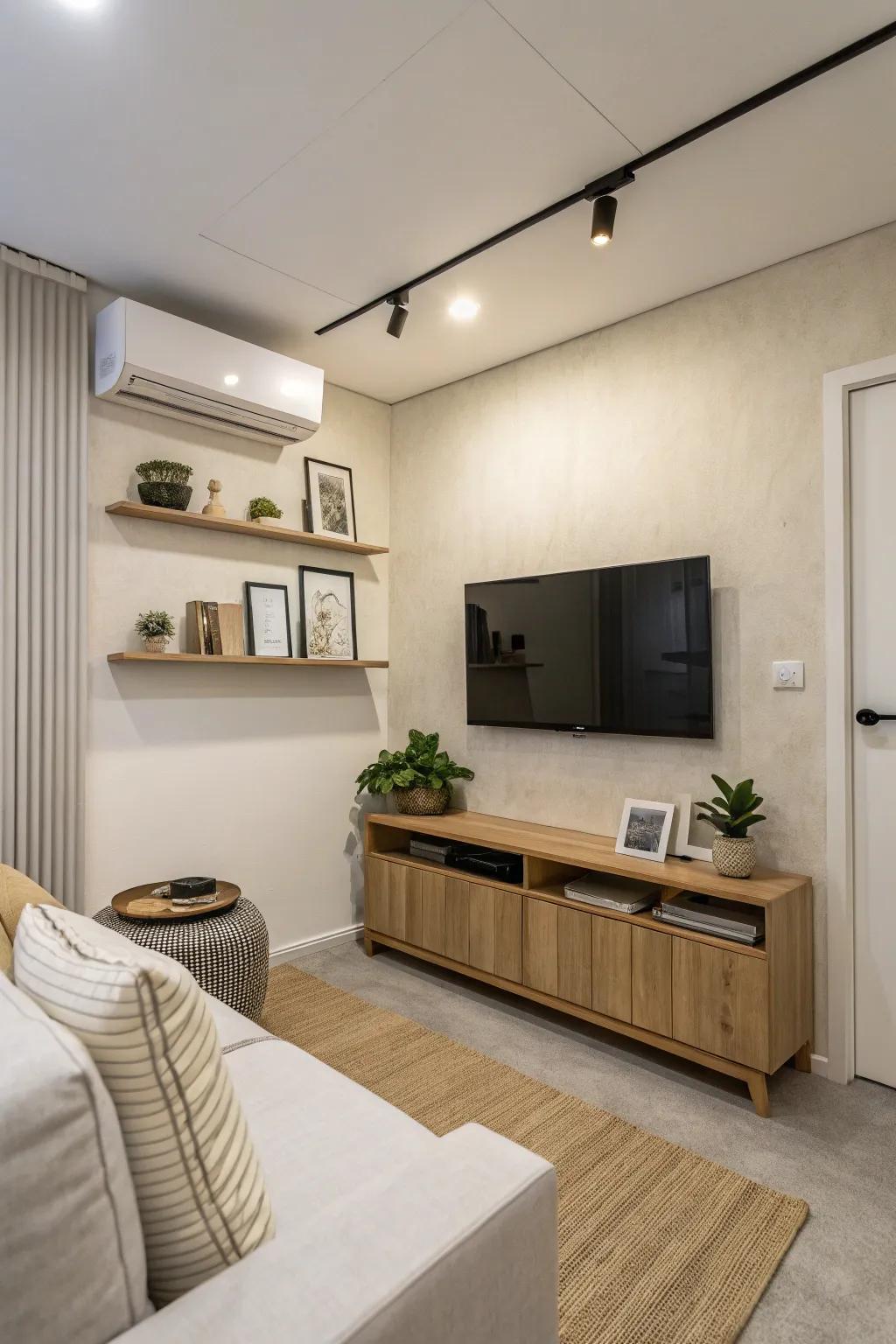 A wall-mounted TV saves space and introduces a contemporary flair