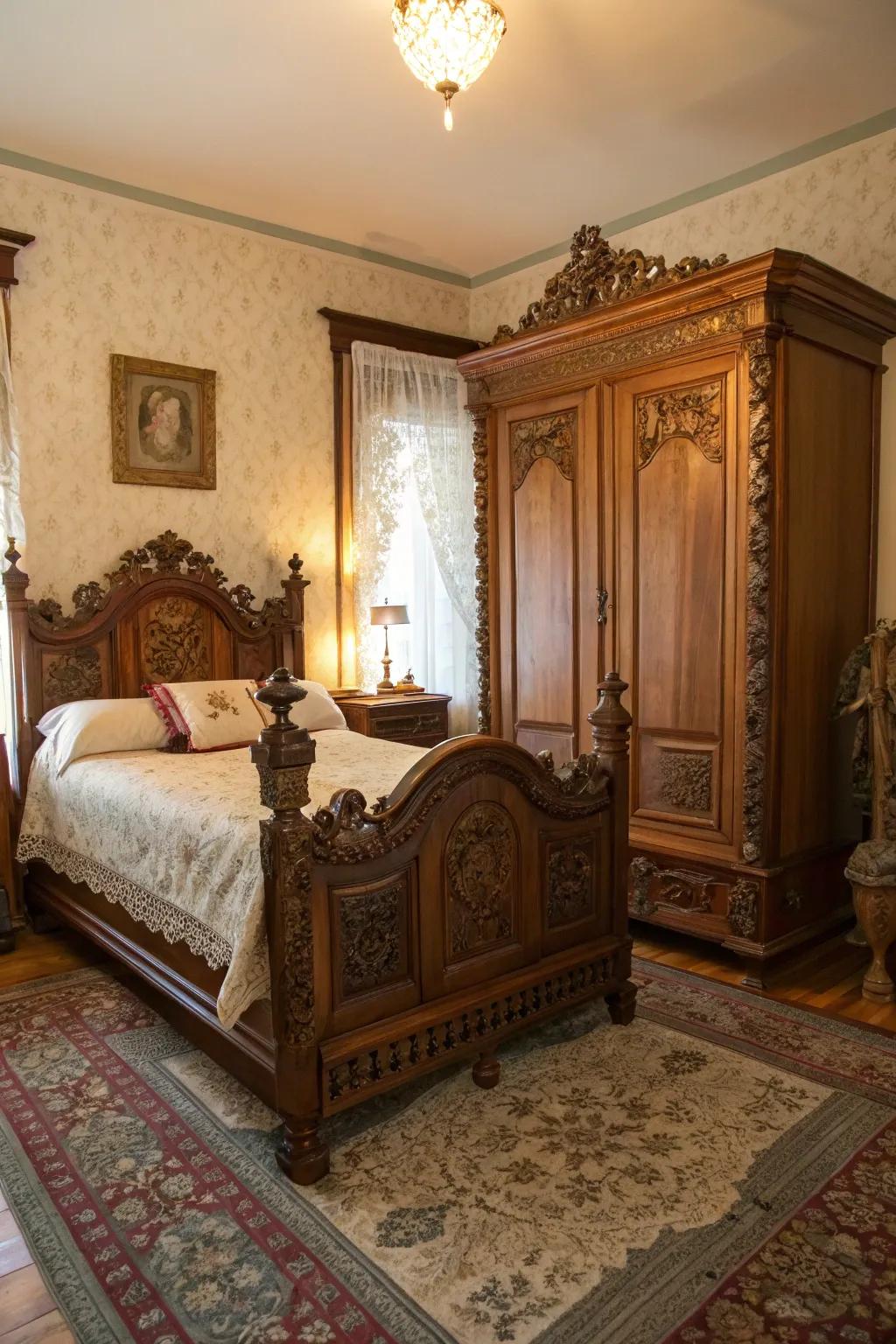 Sophisticated antique furniture lends credibility to a Victorian bedroom.