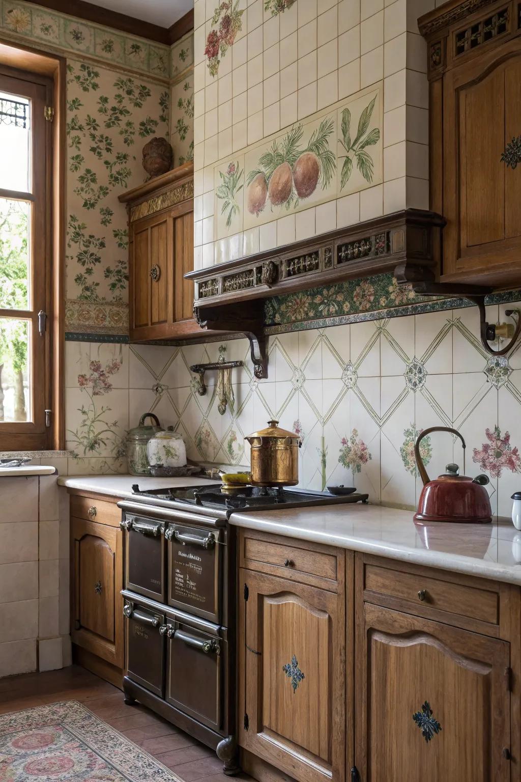 A timeless backsplash featuring botanical tiles radiates Victorian charm.