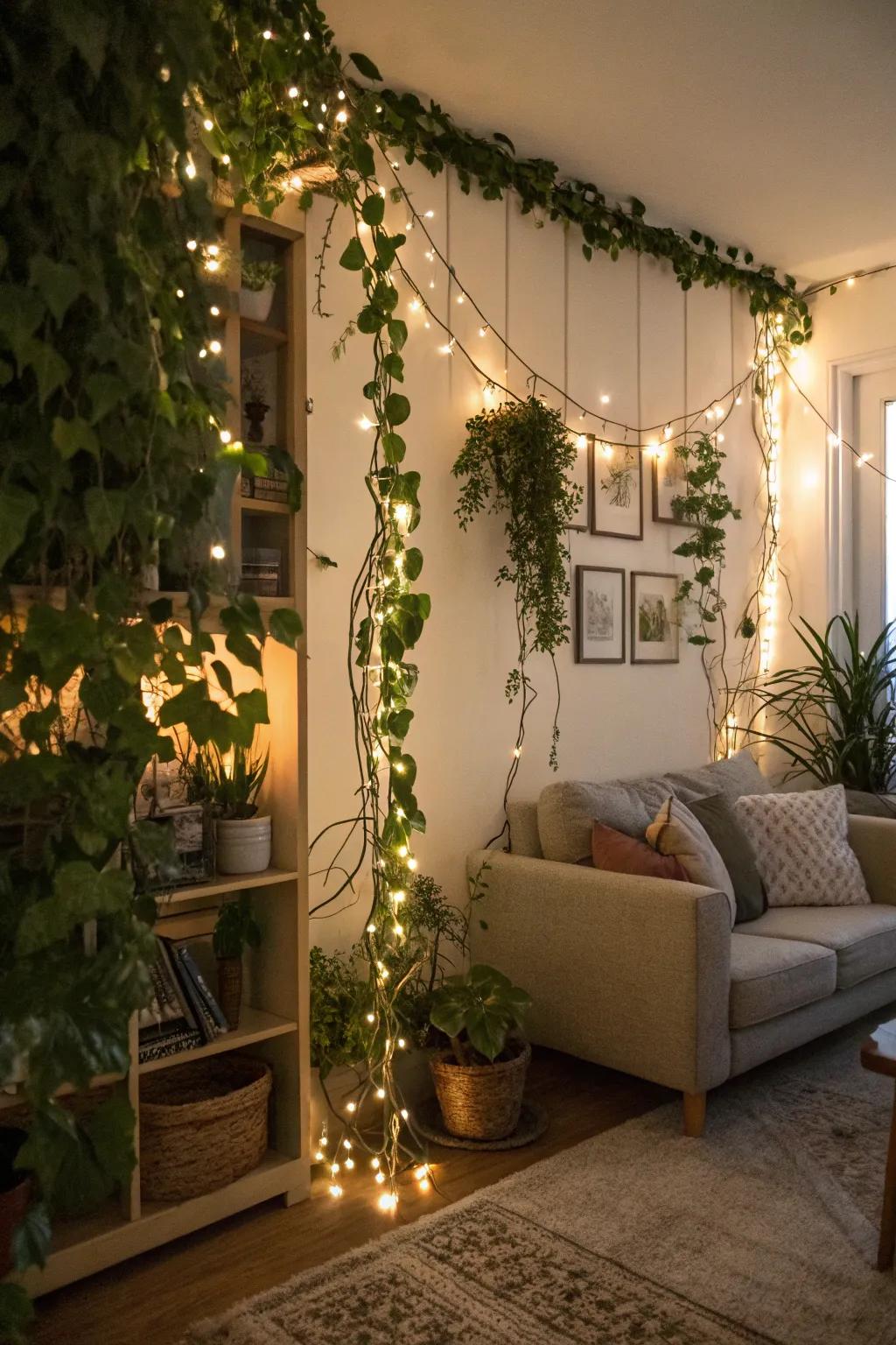 Charm your space with the enchanting synergy of vines and sparkling lights.