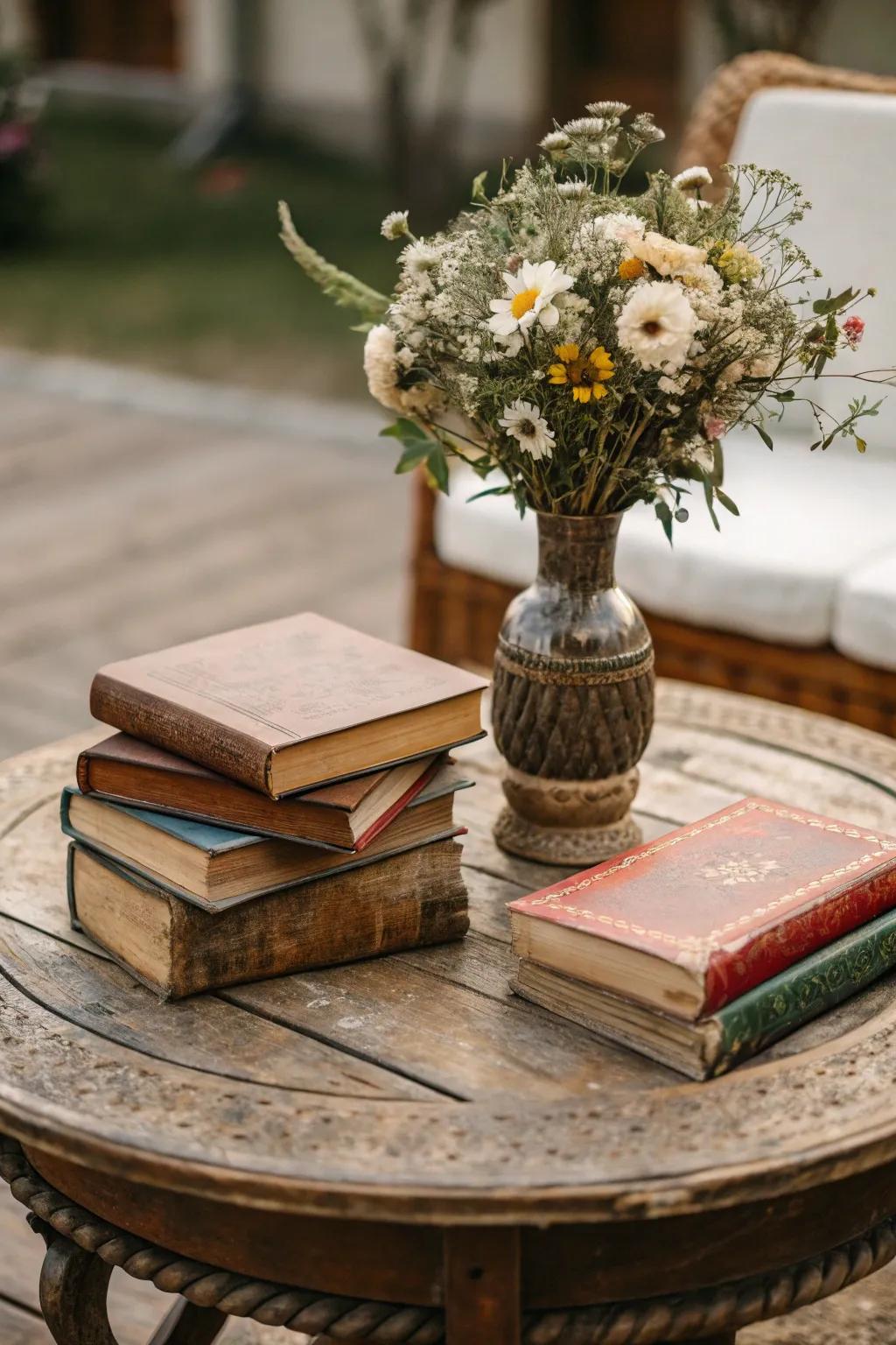 A vintage wooden coffee table, elegantly arrayed with literary works and a decorative vase.