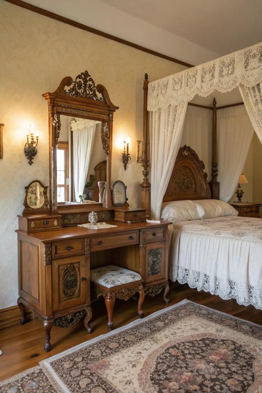 Traditional furnishing layouts featuring curved legs enhance sophistication to your antique dressing table.
