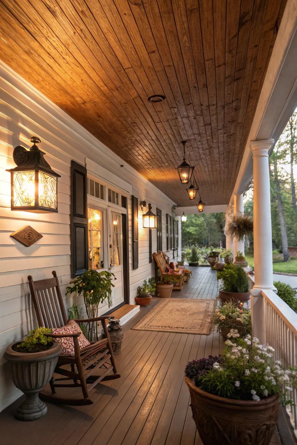 Simulated wood vinyl ceilings deliver a welcoming, rustic charm to any porch.