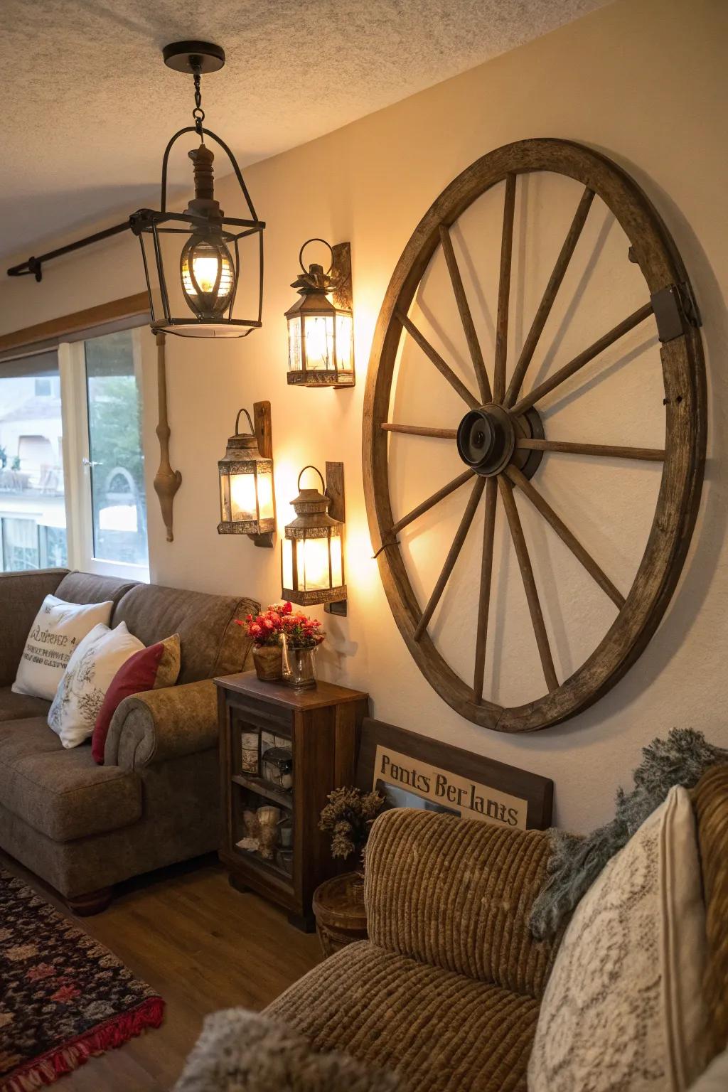 A carriage wheel utilized as countryside wall artistry, enhanced by adjacent classic lamps.