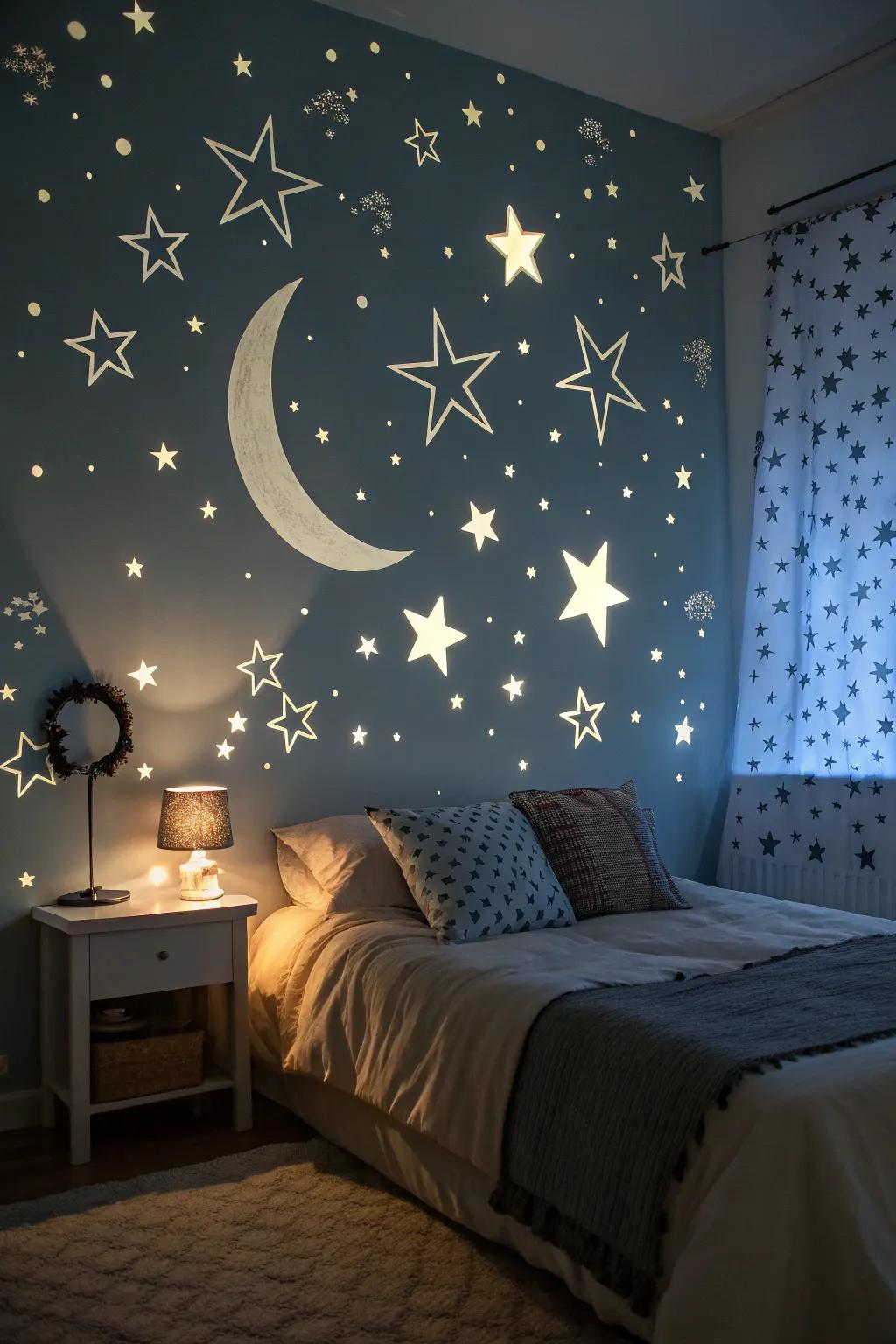Celestial appliqués transform this bedroom into a dreamy night escape.