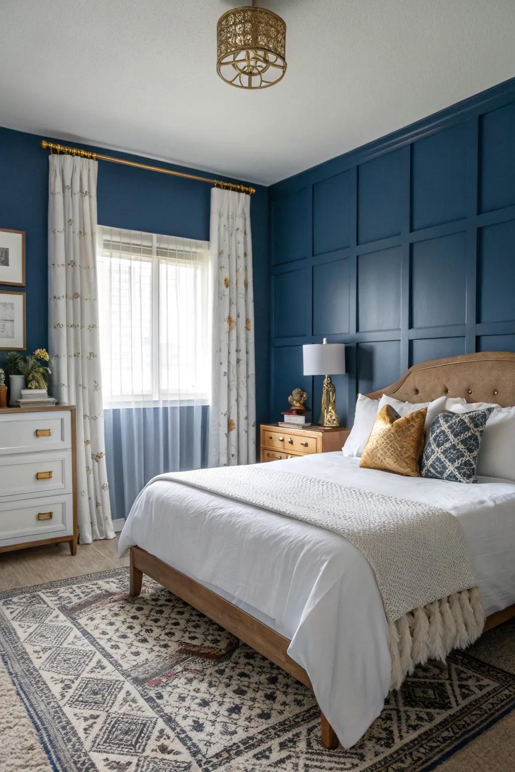 A striking navy wall establishes a sensational and elegant setting.